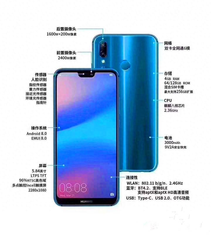 华为首款刘海式全面屏手机 nova 3e，配置参数一图读懂！